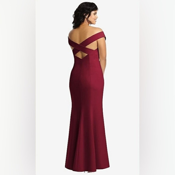 NWT Dessy Collection Off-the-Shoulder Criss Cross Back Trumpet Burgundy Gown 14R - Picture 6 of 16